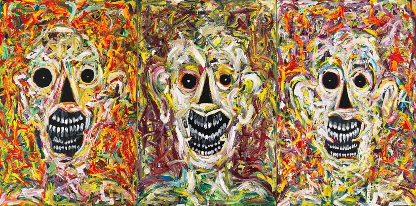 Three colorful abstract faces with wide eyes and gaping mouths painted in thick, chaotic brushstrokes.
