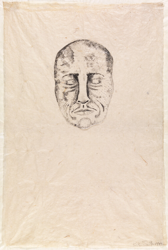 A sketched human face with closed eyes and neutral expression on wrinkled paper.