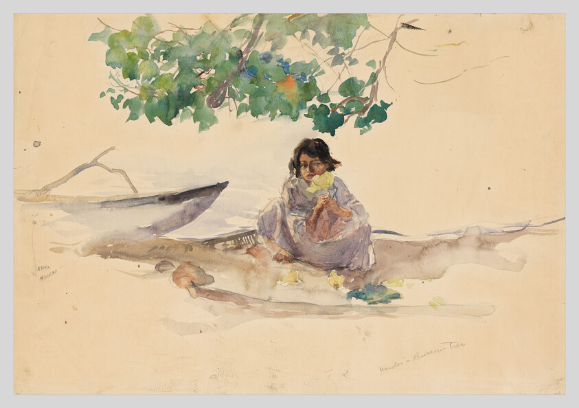 A young girl sits under a leafy tree by a small boat, eating a yellow fruit.