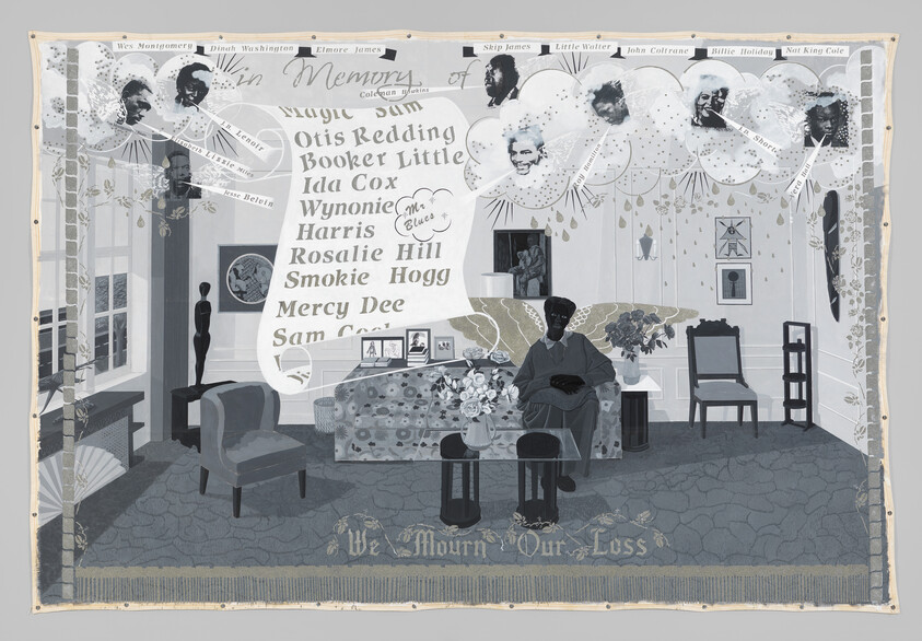 Person sitting on sofa in decorated room with memorial list of musicians and "We Mourn Our Loss" text.