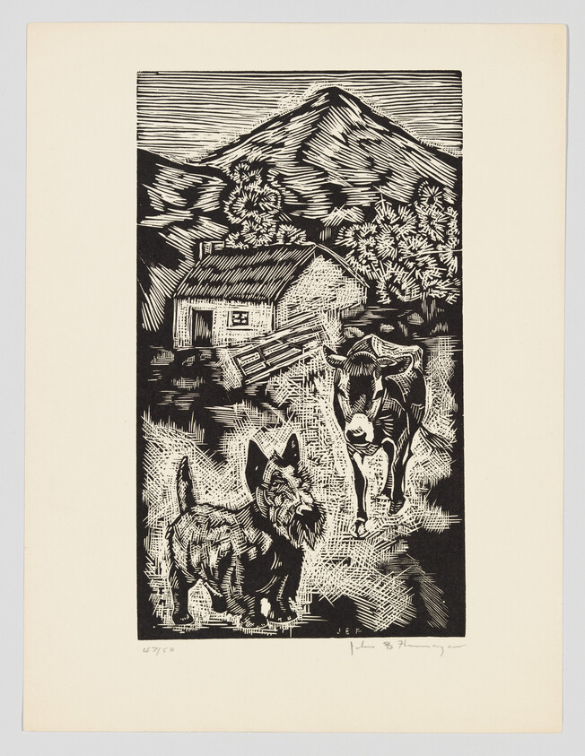 A black and white woodcut print depicting a rustic mountain scene with a small cabin surrounded by trees. In the foreground, a Scottish Terrier and a larger dog stand prominently, with the mountain looming in the background. The image has a bold, graphic quality with strong contrasts and expressive lines.