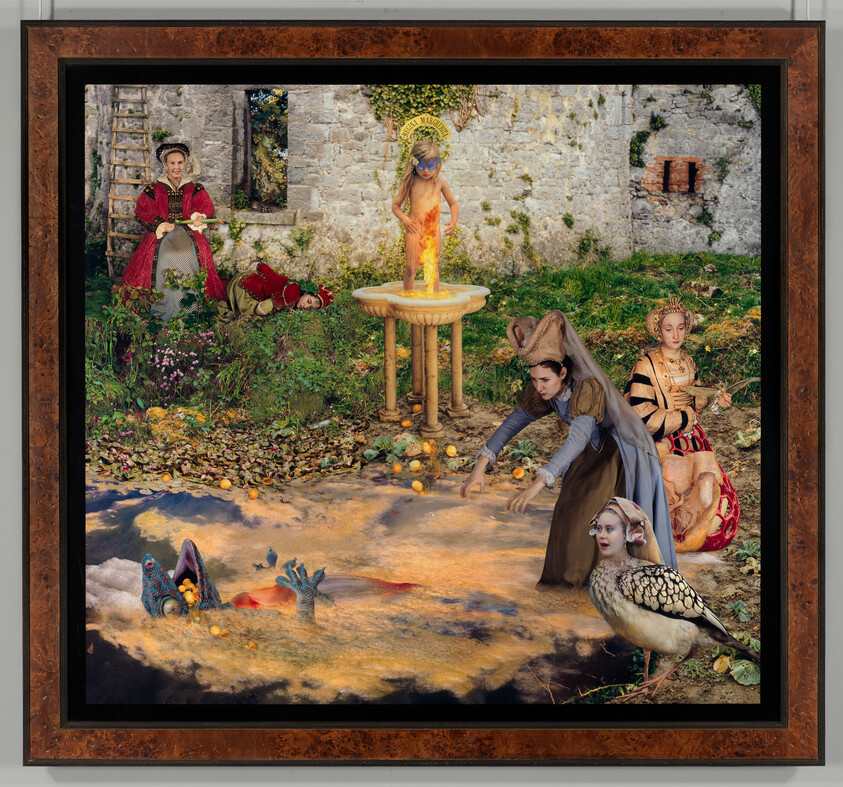 A medieval woman reaches toward a glowing, reflective pond while costumed figures and a flaming child stand nearby.