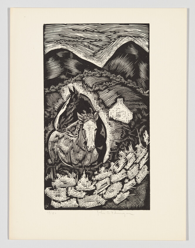 A black and white woodcut print depicting a pastoral scene with a horse in the foreground surrounded by foliage and a small house nestled in the background hills. The image has a dynamic, textured appearance with strong contrasts and expressive lines. There is a signature at the bottom right and an edition number at the bottom left of the print.