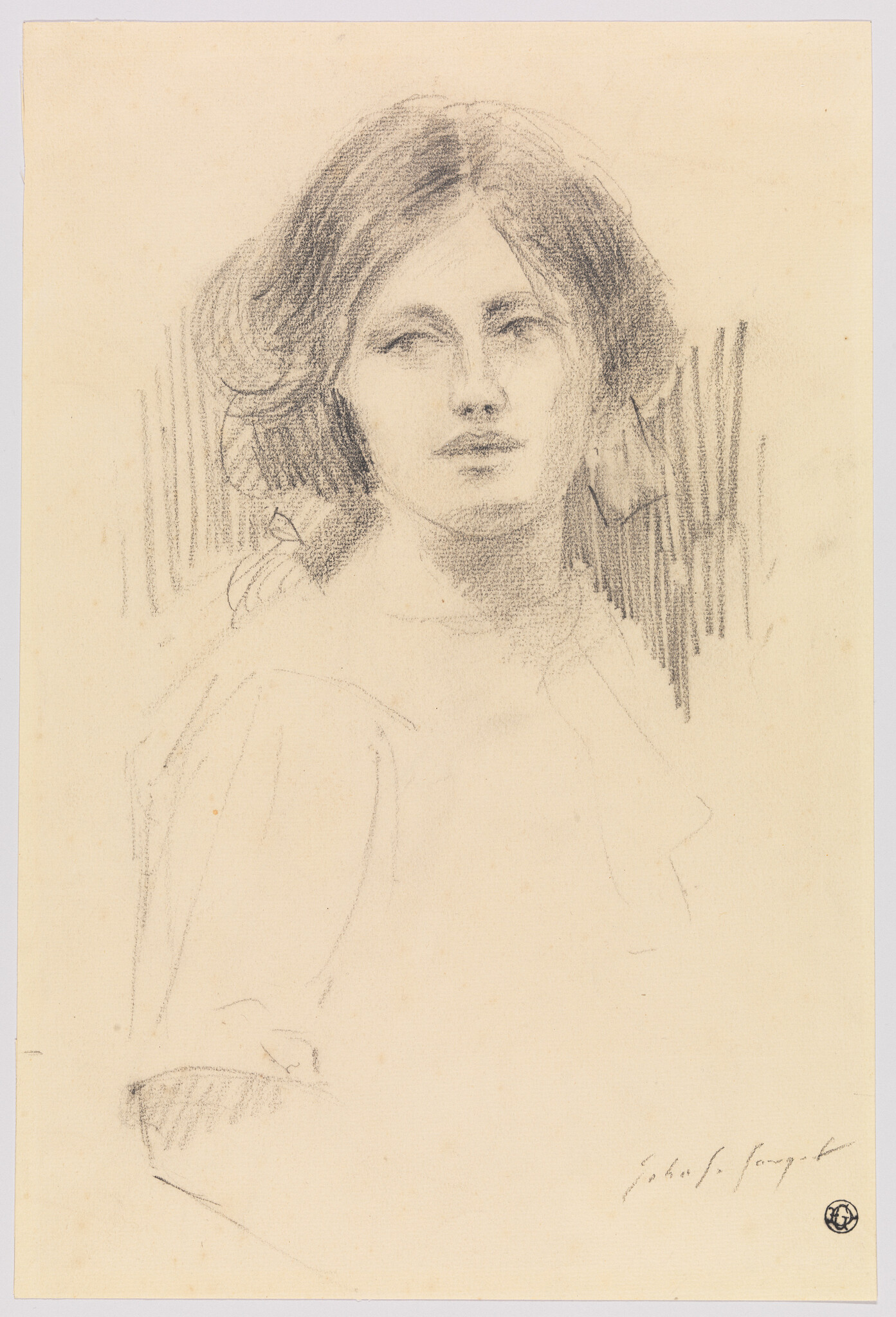 A pencil sketch of a young woman with bobbed hair looking slightly to the right.