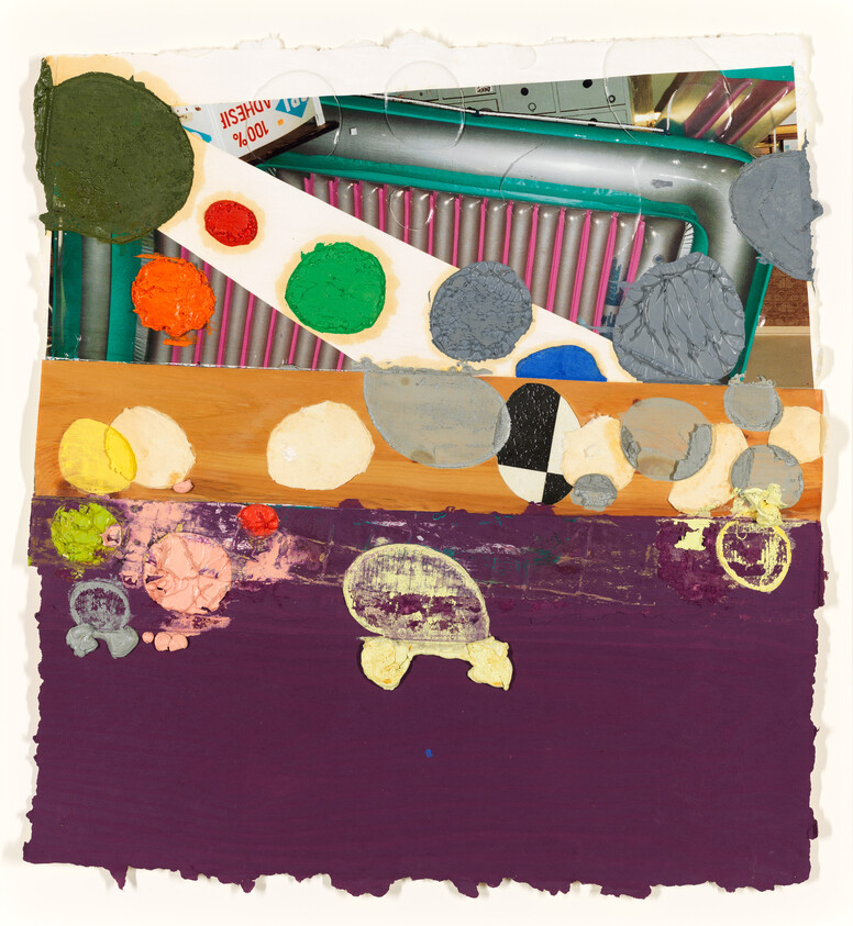 Collage of colorful paint splotches and circular shapes over a purple and wooden background.