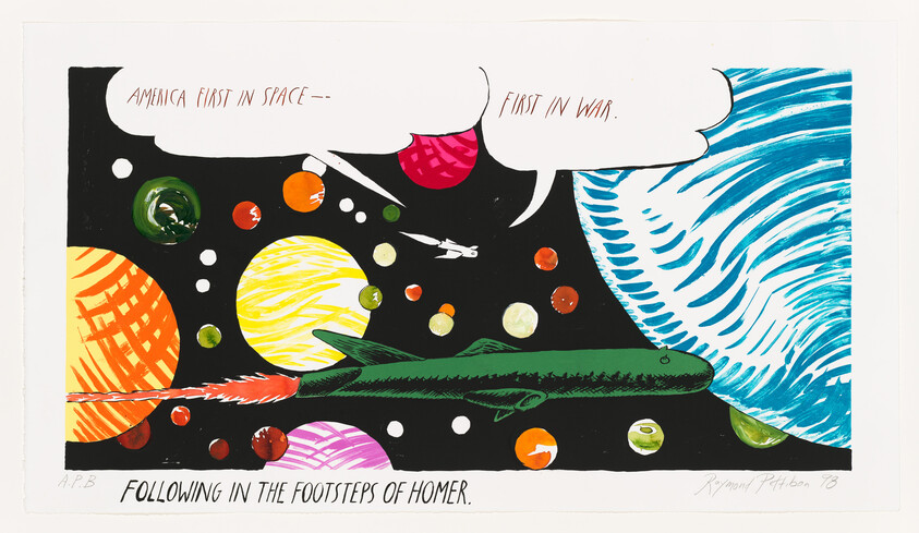 Green rocket flies through colorful planets as speech bubbles read "America first in space—first in war."