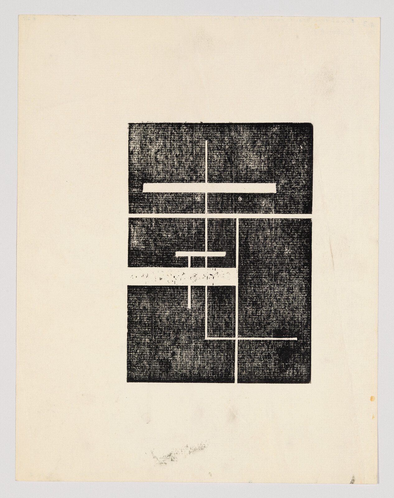 A black and white abstract print featuring a textured black square with white geometric lines forming a grid-like pattern on an off-white paper background. The print shows signs of aging with slight discoloration and marks around the edges.