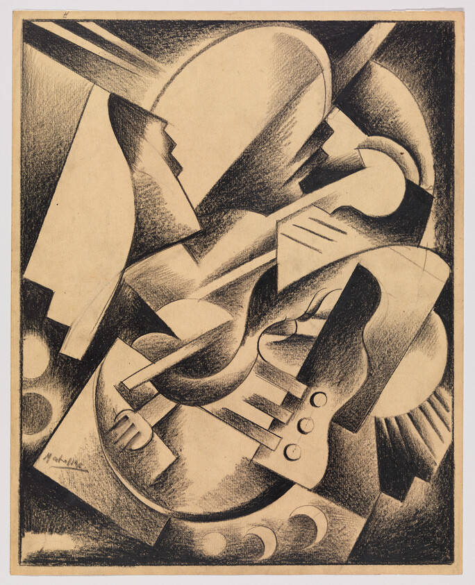 Abstract cubist composition of intersecting shapes suggesting a guitar and violin.