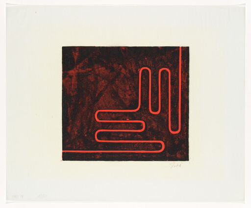 Black textured square with a continuous red rounded-line maze looping along the right and bottom edges.