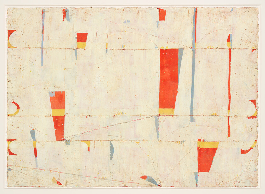 Abstract pale painting with vertical red, yellow, and blue shapes and faint curved pencil lines.