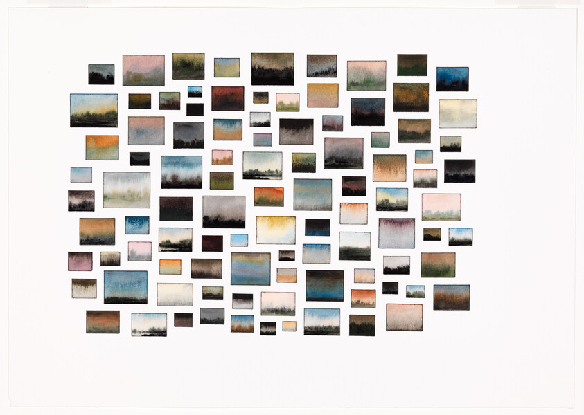 Many small rectangular watercolor landscape studies in varied colors arranged in a loose grid on white.