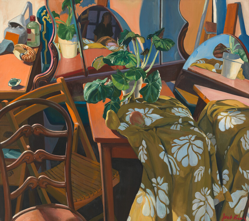 Green potted plant sits on a cluttered table with a yellow floral blanket draped over chairs.