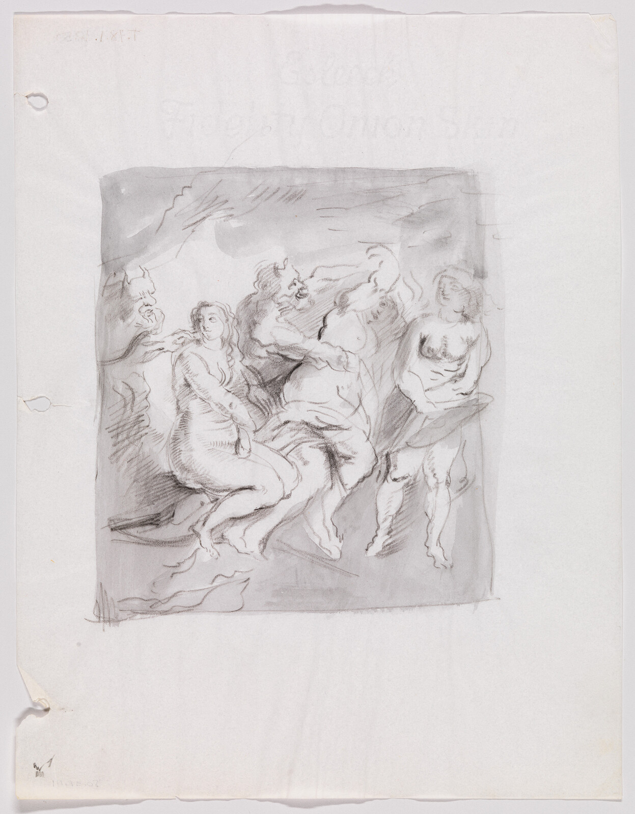 Several nude figures in a classical-style sketch gathered and interacting within a shaded rectangular space.
