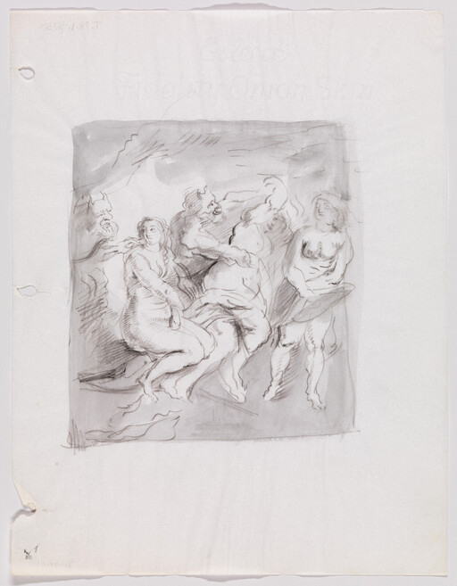 Several nude figures in a classical-style sketch gathered and interacting within a shaded rectangular space.