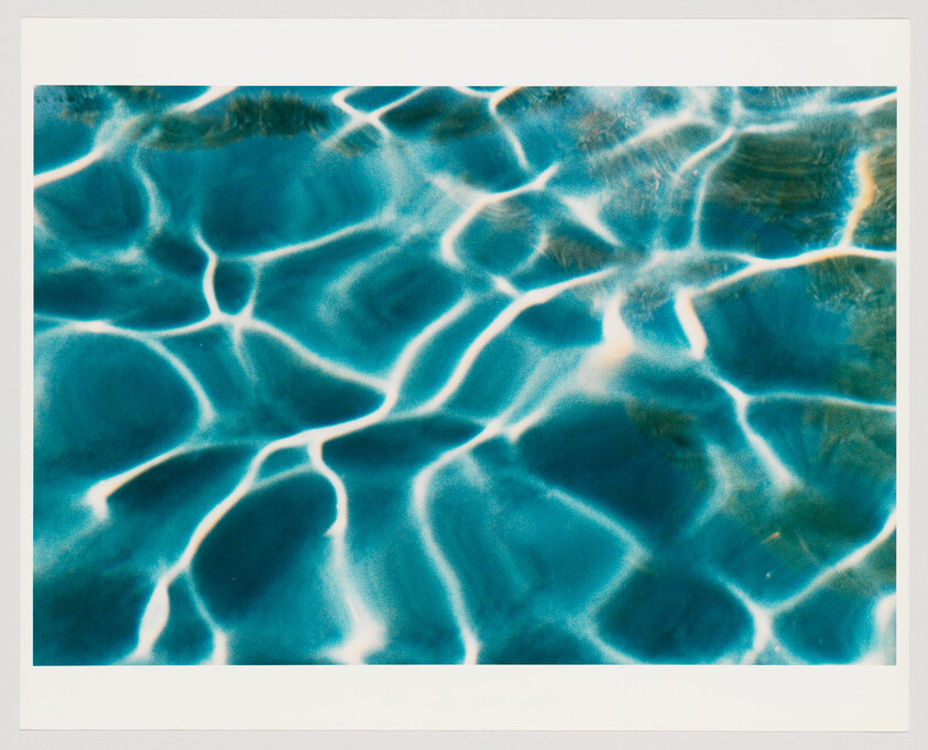 Sunlight patterns shimmer on the rippling turquoise pool water surface.