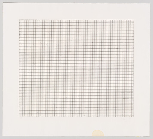 Large square grid of fine black lines printed on white paper with a small brown stain.