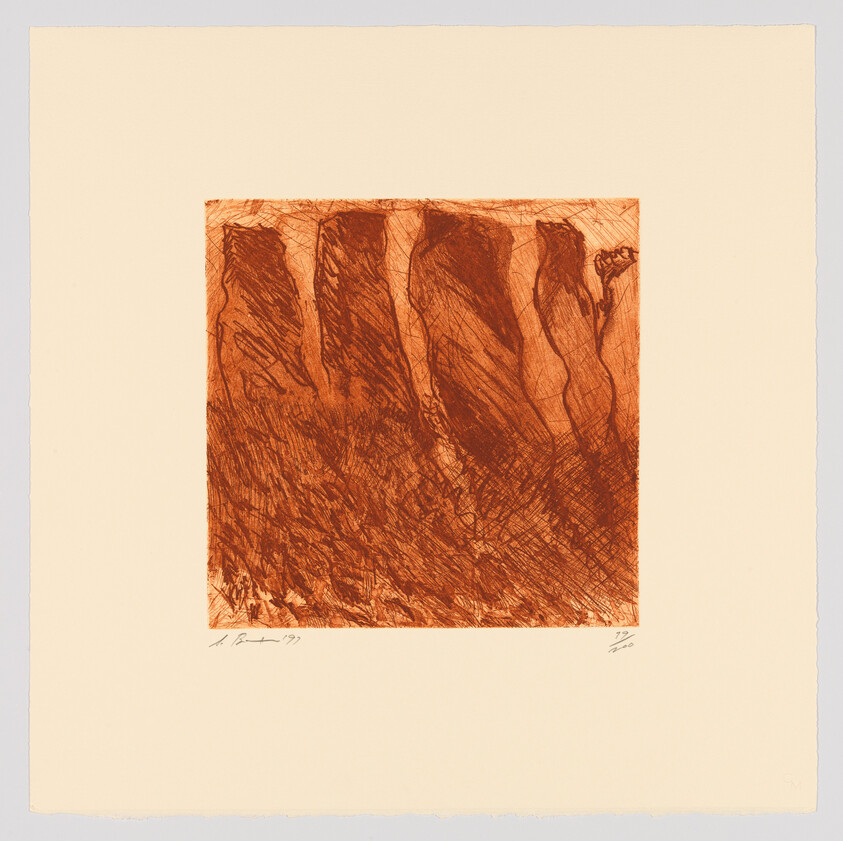 An etching with abstract forms in shades of brown on a square piece of paper, signed and dated in the lower left corner with an edition number in the lower right, all on a cream-colored background.