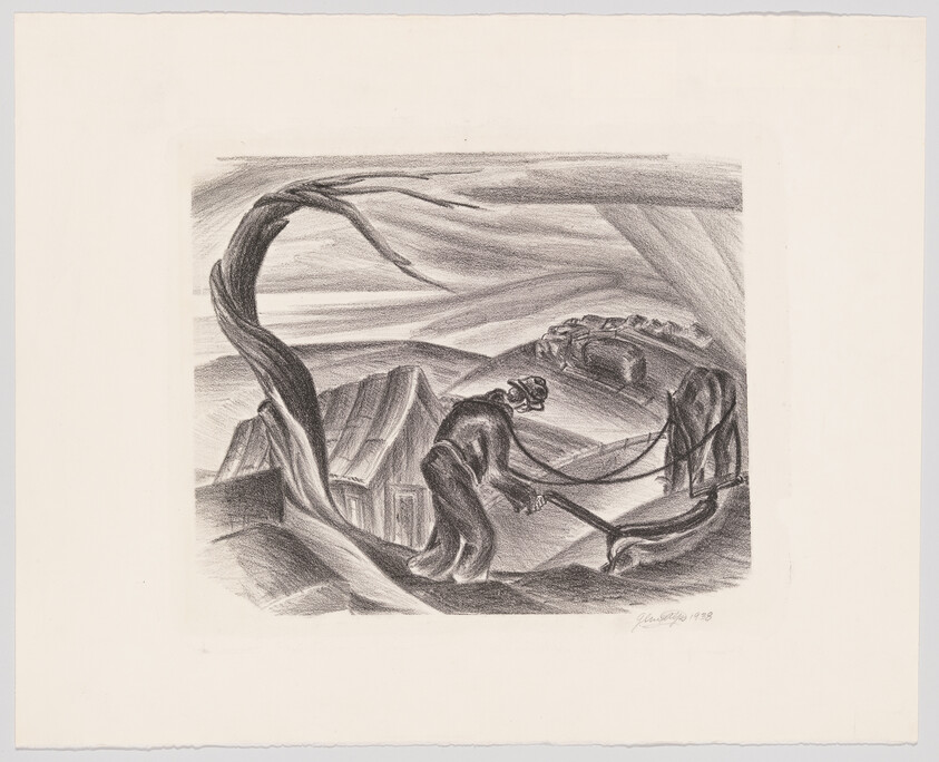 A farmer guides a plow pulled by oxen across a windy, rolling landscape near small houses.