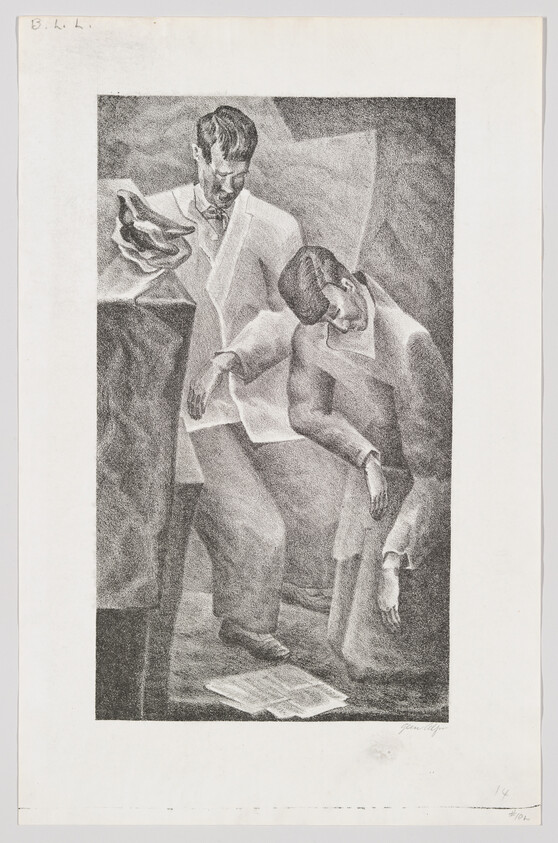 Two men slumped and leaning forward by a table with a newspaper on the floor.