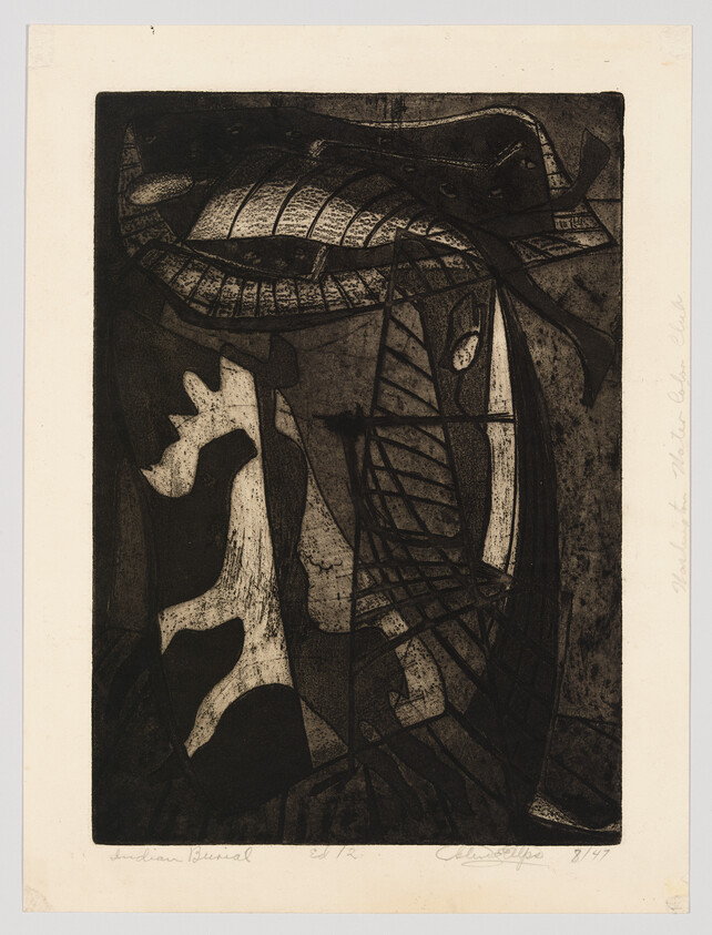 Abstract dark etching showing interlocking curved shapes, textured patterns, and contrasting light areas.