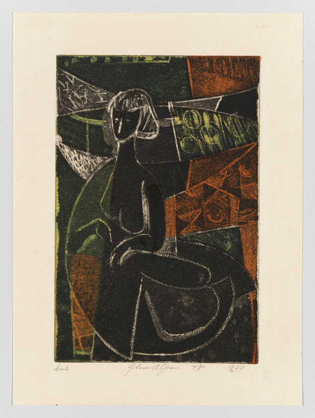 A stylized seated woman in dark silhouette against a geometric green and orange patterned background.