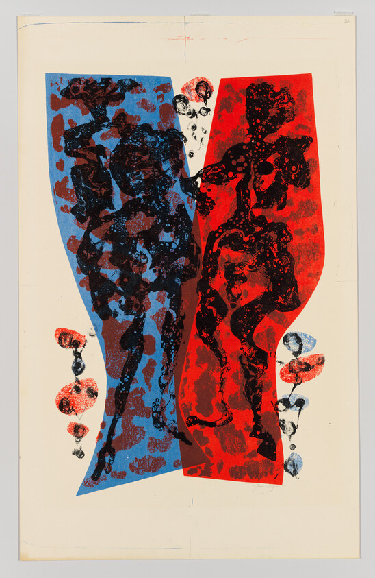 Two tall abstract vase shapes—one blue, one red—filled with swirling black patterns and small floral accents.