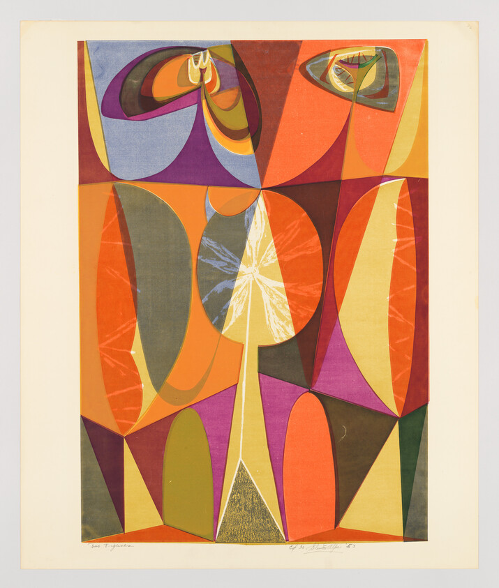 Bright abstract geometric composition with overlapping orange, purple, yellow and green curved shapes.