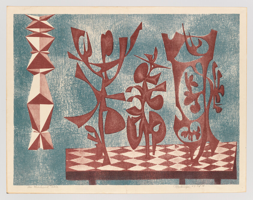 Red abstract plant-like sculptures stand on a checkerboard table against a textured blue background.