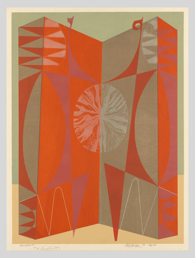 Abstract geometric composition with orange and red panels and a textured circular sun at center.