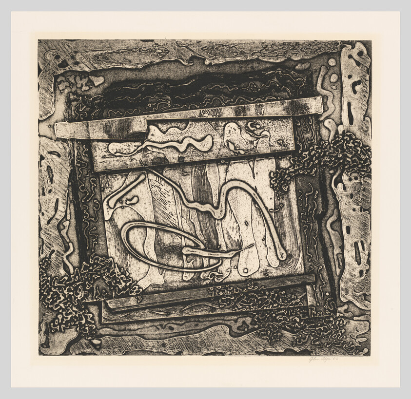 Abstract black-and-white print showing layered wooden planks, looping lines, and organic textured patterns.