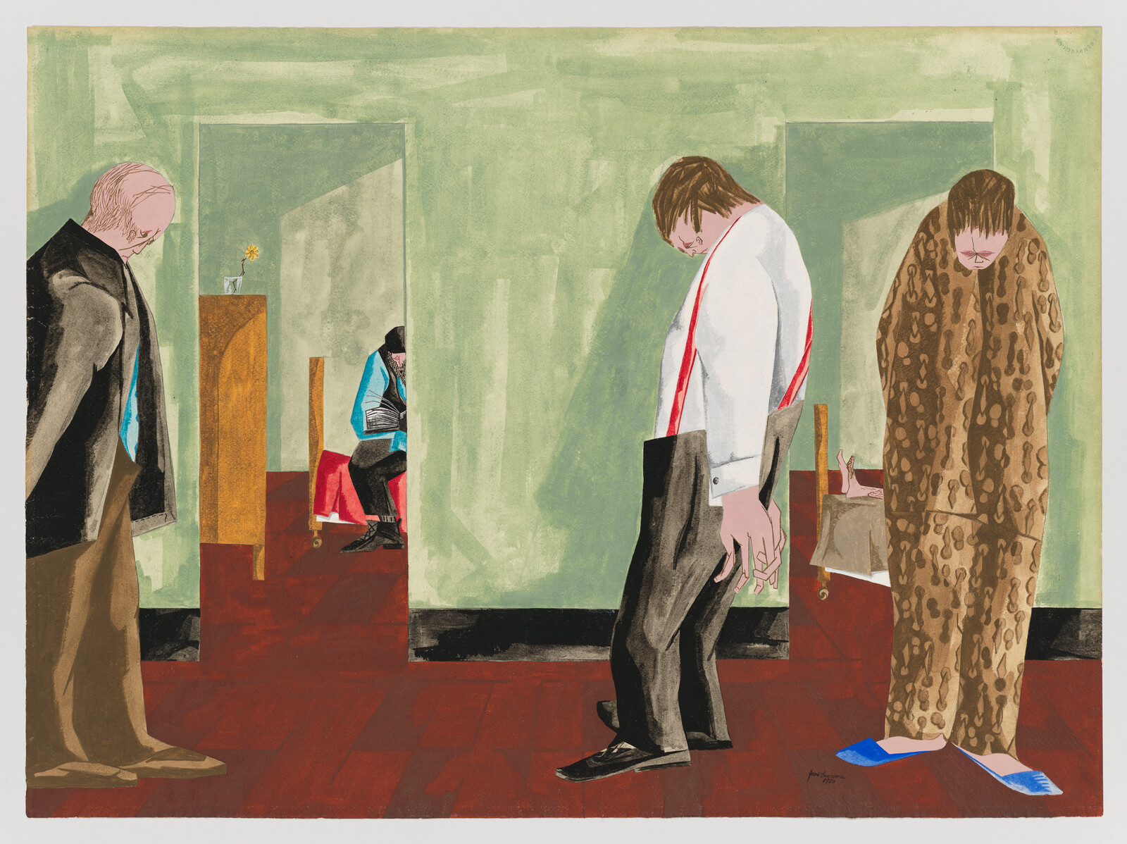 Four tired people stand in a dim room with bowed heads, one person reading in a doorway.