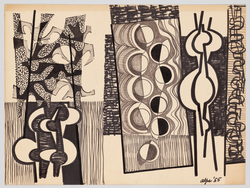 Abstract black ink drawing with bold geometric shapes, circles, and vertical striped patterns.