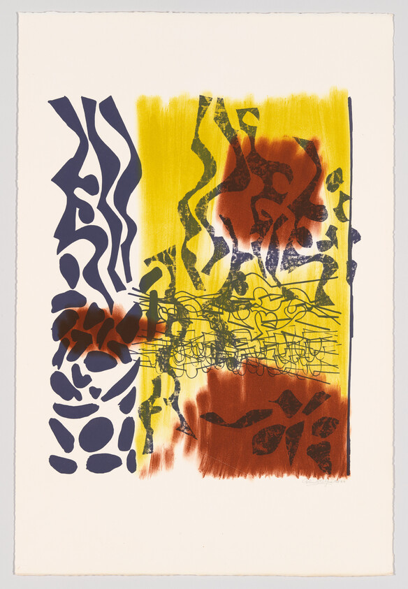 Abstract composition with yellow and red painted blocks, navy organic shapes, and black scribbled lines.