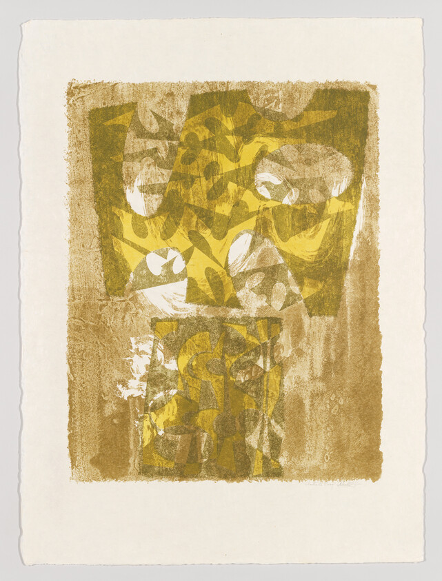 Abstract print showing layered yellow and brown rectangles filled with overlapping leaf-like shapes and textures.