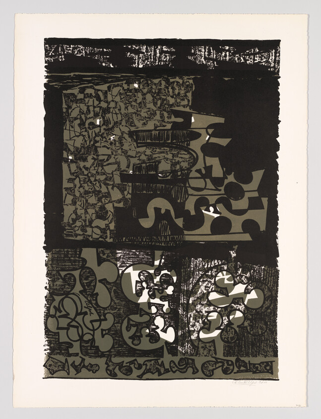 Abstract black and olive print showing layered organic shapes, swirls, and textured rectangular blocks.