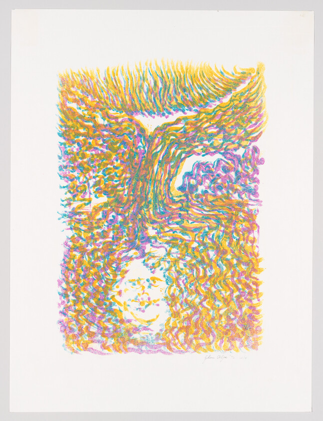 Colorful abstract print shows a tree with flowing branches and a subtle face among curls.