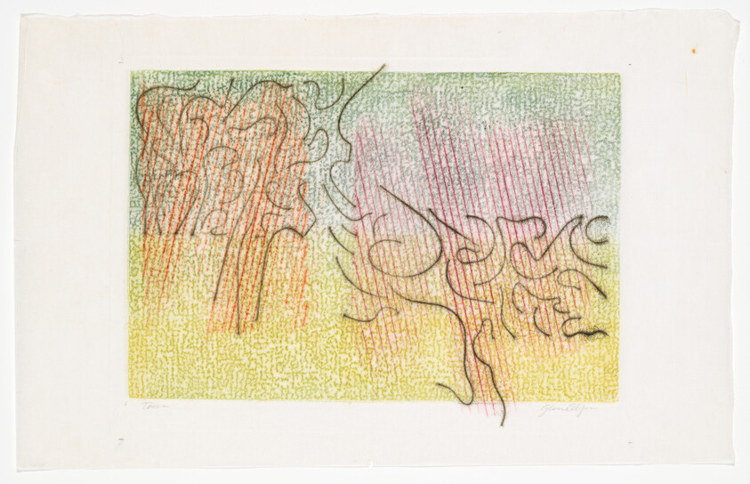 Abstract colored artwork with swirling black lines and vertical red strokes over green and yellow textured fields.