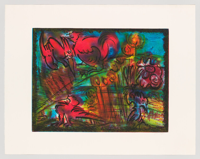 Bright abstract painting showing red roosters among colorful vegetation and swirling shapes.