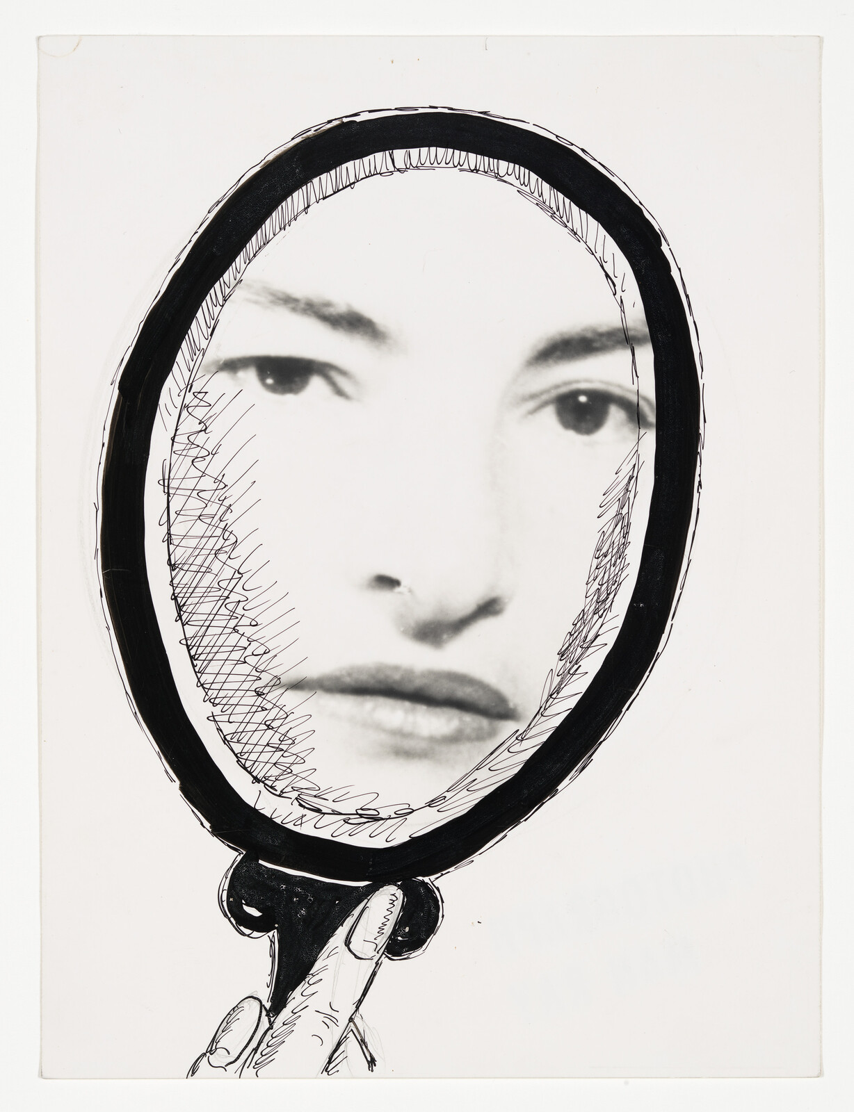 A hand-drawn image of a hand holding a round mirror that reflects a woman's face, with the mirror's edge and handle illustrated in black ink. The reflection is detailed and occupies the majority of the mirror's surface, showing the woman's eyes, nose, and mouth. The artwork combines sketching with photography for a mixed media effect.
