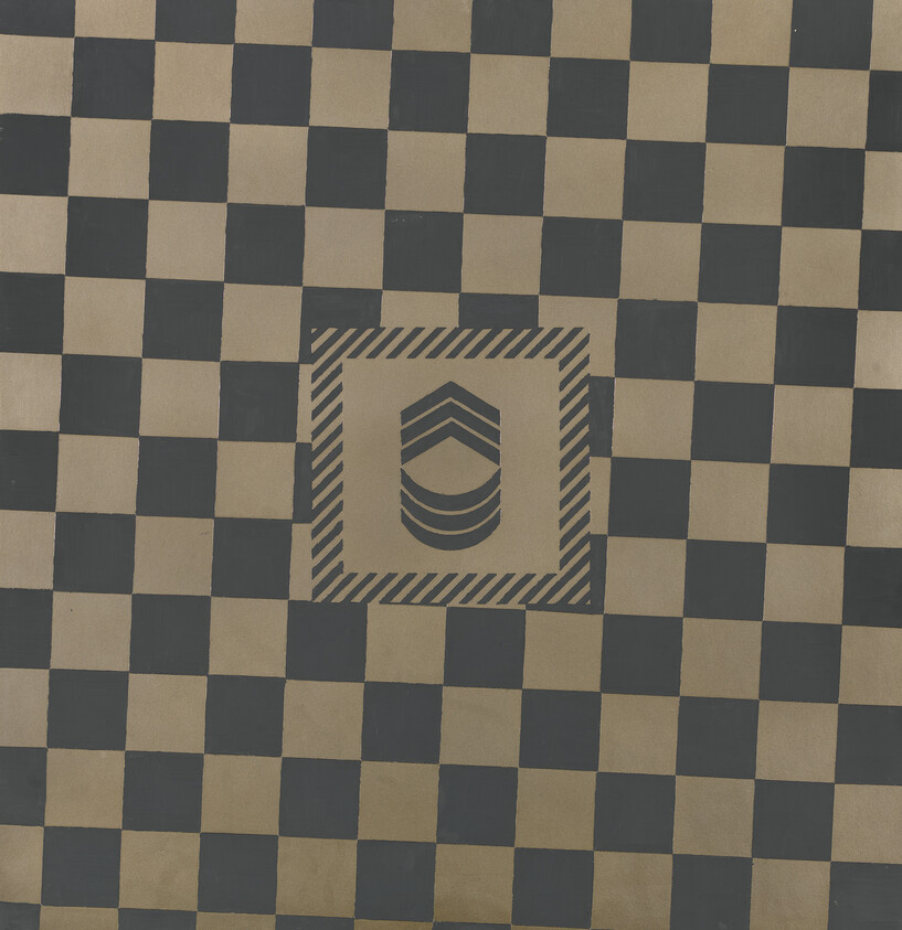 Black and tan checkerboard pattern with a centered striped square containing stacked chevron emblem.