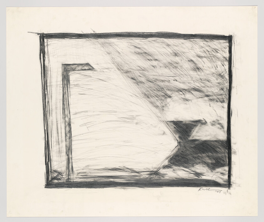 Abstract charcoal drawing of a rough rectangular frame with a triangular funnel shape inside.