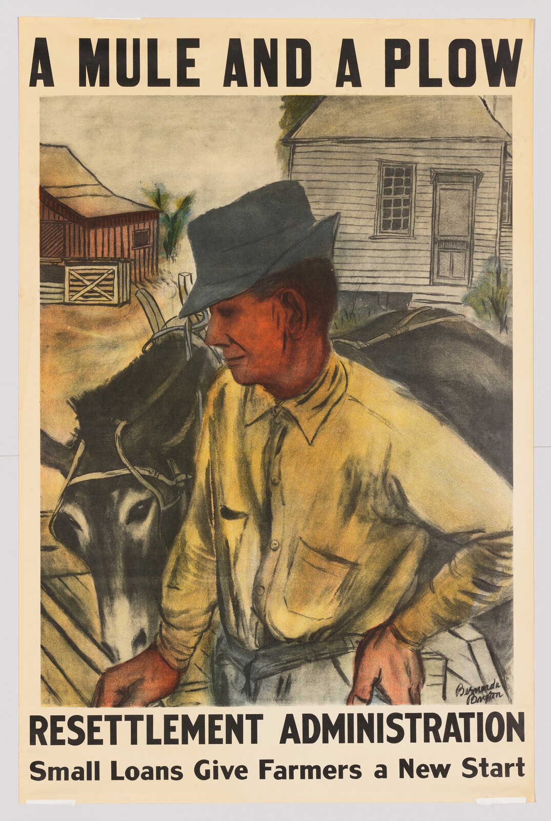 Vintage poster titled "A MULE AND A PLOW" featuring a man in a hat and work clothes standing next to a mule, with a farmhouse in the background. The bottom text reads "RESETTLEMENT ADMINISTRATION Small Loans Give Farmers a New Start." The artwork has a warm, earthy color palette and a signature in the bottom right corner.