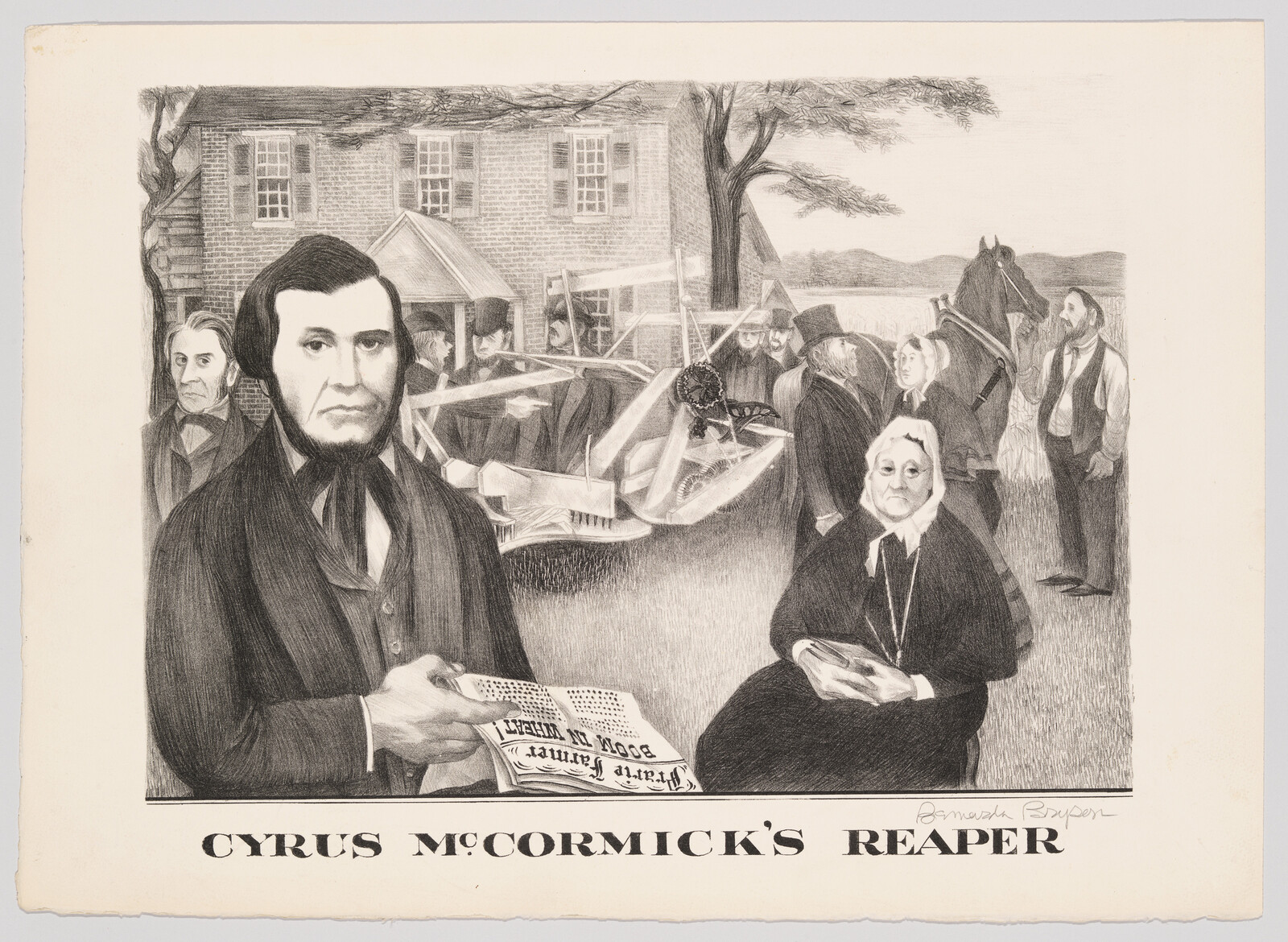 Cyrus McCormick holding a newspaper in front of his reaper with onlookers behind him.