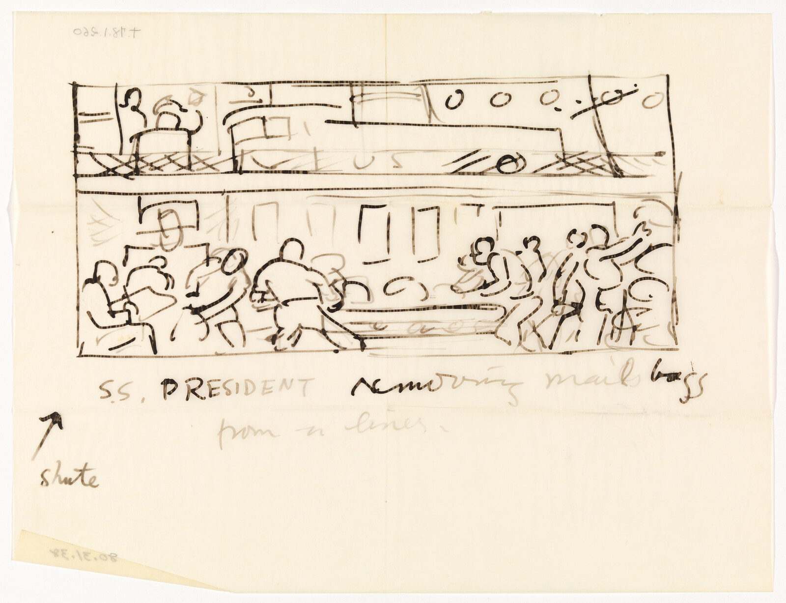 Crew members on a ship's deck lift and move large mail bags during loading.