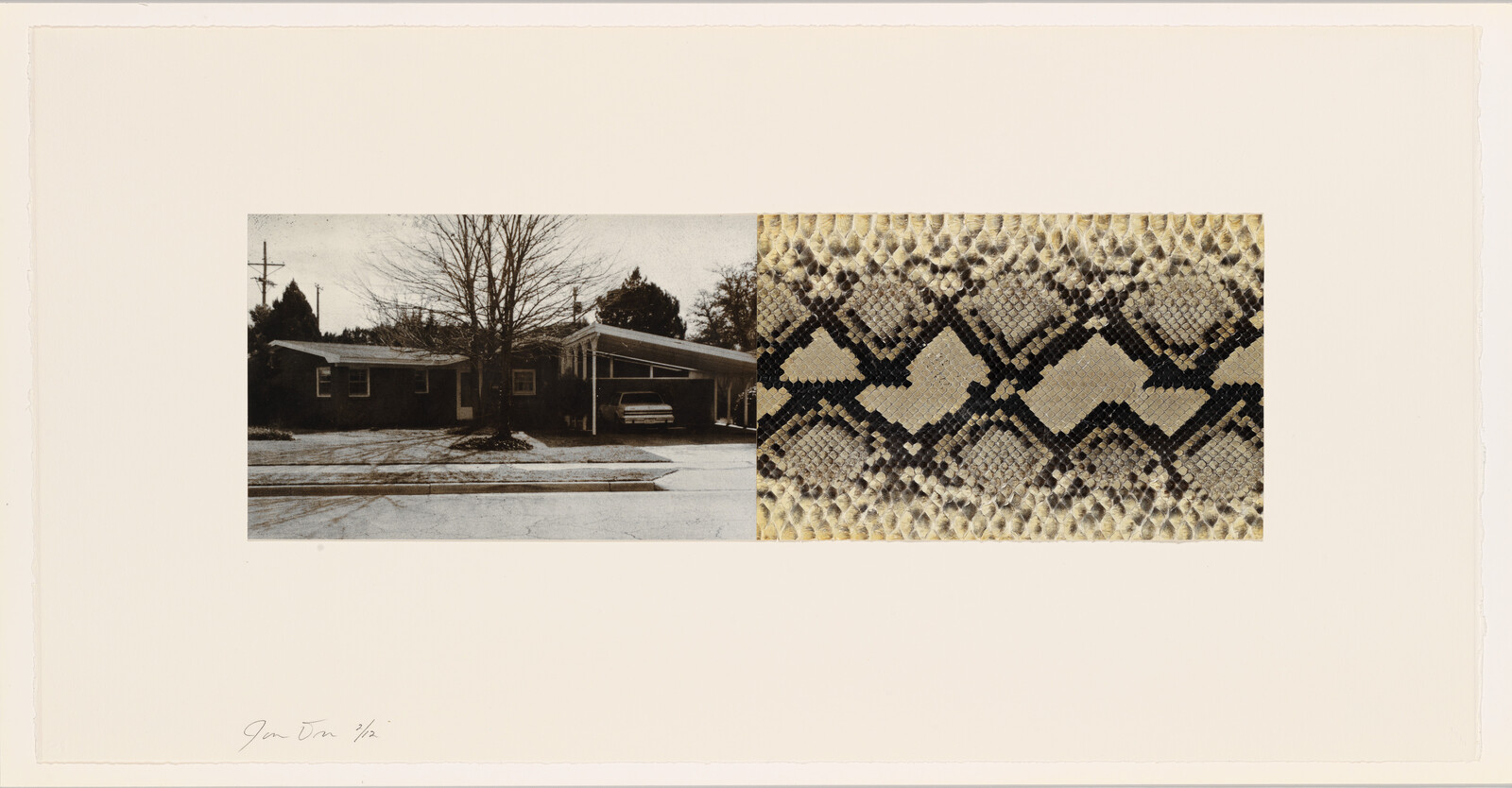 A collage featuring a black and white photograph of a suburban house with a car parked under the carport, juxtaposed with a textured, patterned fabric swatch in shades of beige and black. The image has a handwritten signature at the bottom left corner.