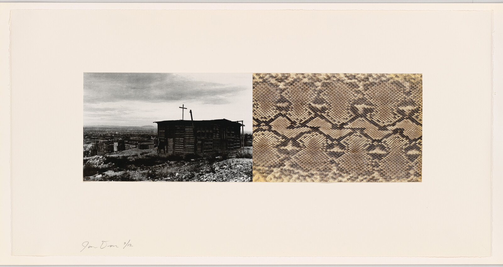 A composite artwork with two contrasting images: on the left, a black and white photograph of a rustic wooden shack with a cross, set against a distant cityscape under a cloudy sky; on the right, a close-up of a textured surface with a snake-skin pattern. The piece is signed and numbered on the bottom left.