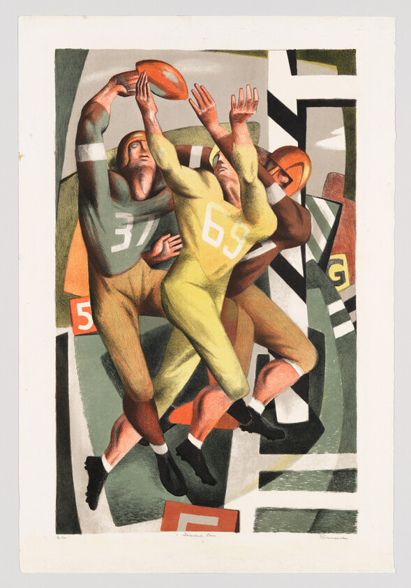 Three football players leap together, reaching for a ball amid colorful geometric shapes.