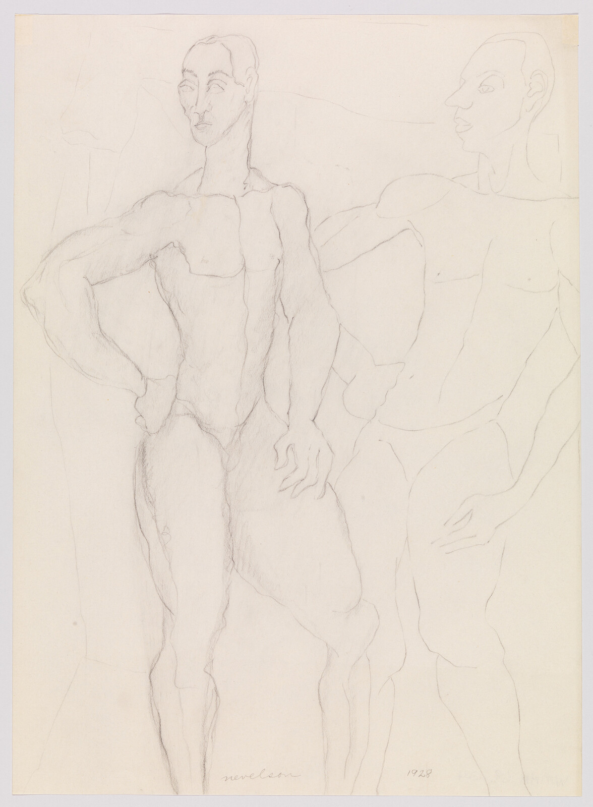 Two standing male figures sketched in pencil, one posing with a hand on his hip.