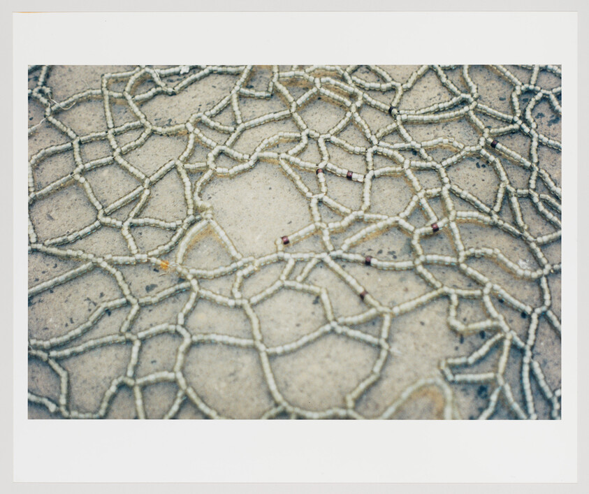 A tangled beaded net with small white beads and occasional red accents lying on sand.
