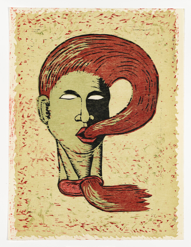 A stylized head with blank eyes and a long red tongue wrapping around and knotting under the neck.